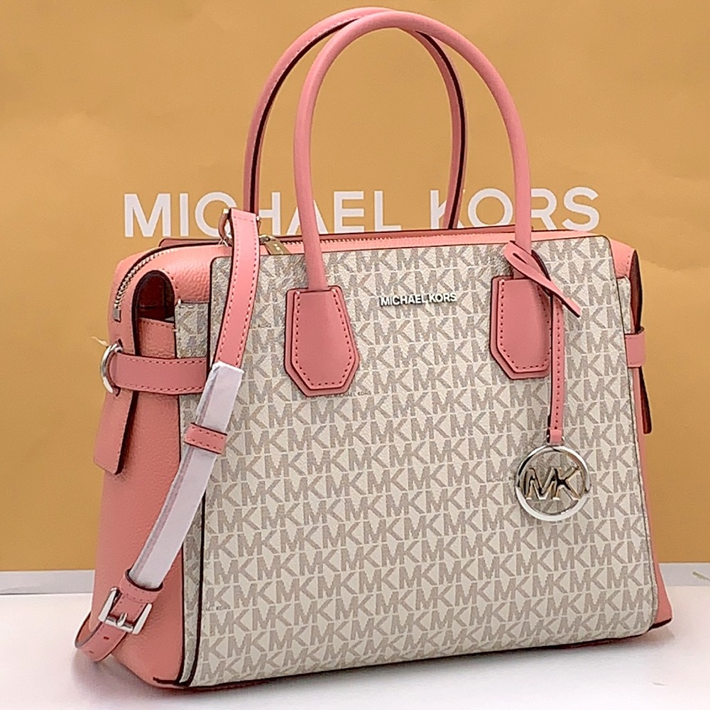 MICHAEL KORS MERCER MEDIUM TOP ZIP BELTED SATCHEL PRIMROSE MULTI SIGNATURE